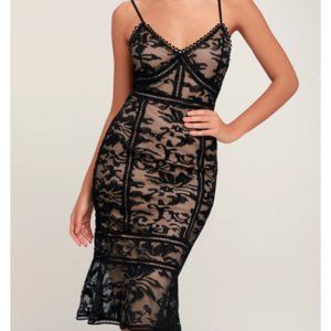 Lulu's Alluring Love Black and Nude Lace Trumpet Hem Midi Dress